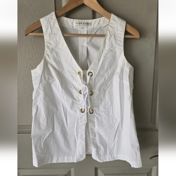 Trina Turk White Nautical Lace-Up Sleveless Top Sz S Tie Front Normcore - Picture 3 of 11